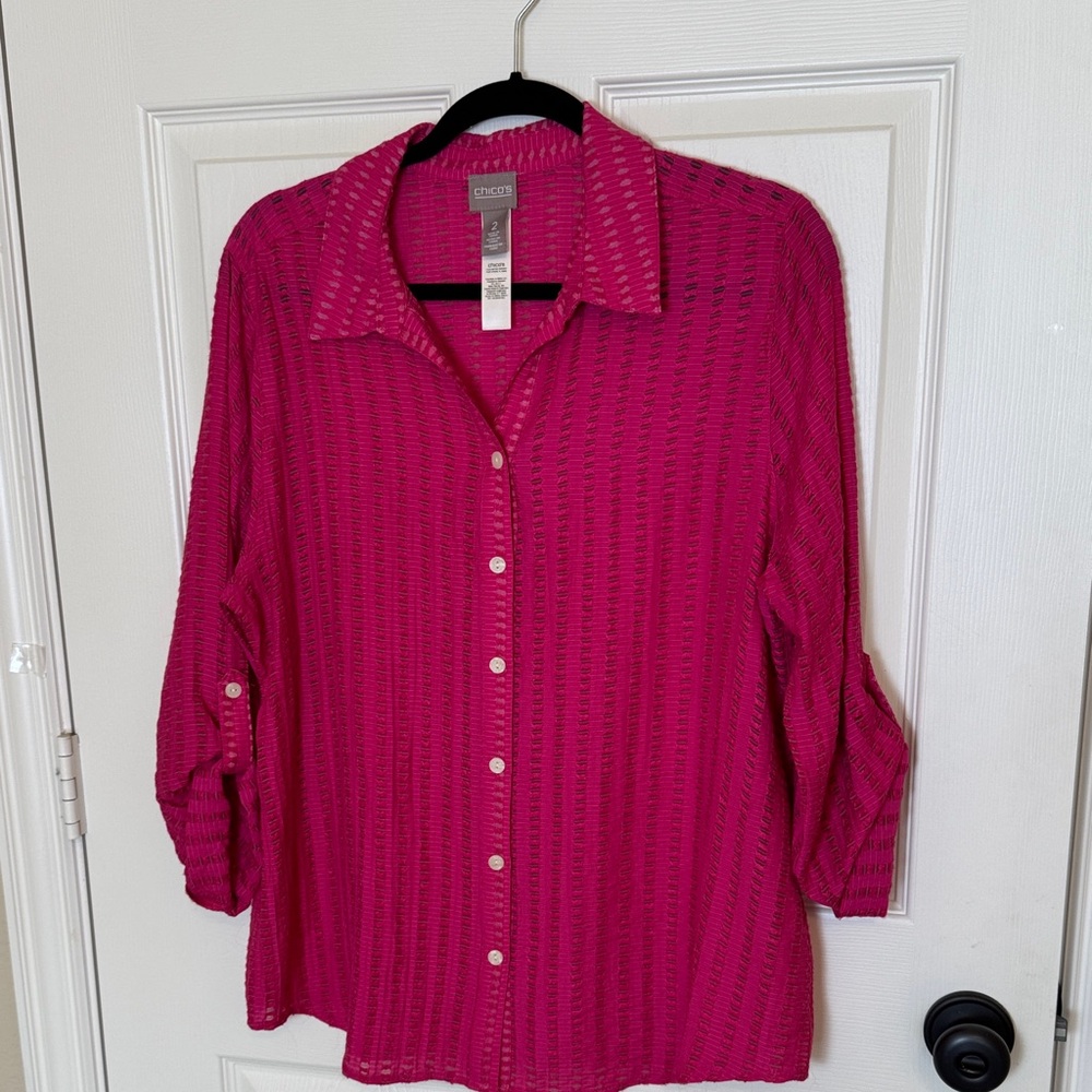 Chico’s Hot Pink Viscose Nylon Button Top Down Roll Tab Blouse Size 12, Chicos 2